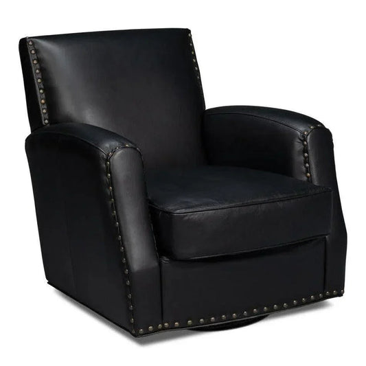 Taft Wood and Leather Black Swivel Arm Chair - LOOMLAN - Sarreid - Club Chairs