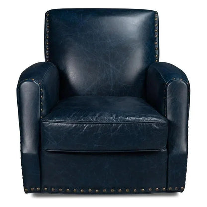 Taft Wood and Leather Blue Swivel Arm Chair - LOOMLAN - Sarreid - Club Chairs