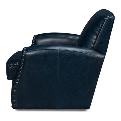 Taft Wood and Leather Blue Swivel Arm Chair - LOOMLAN - Sarreid - Club Chairs