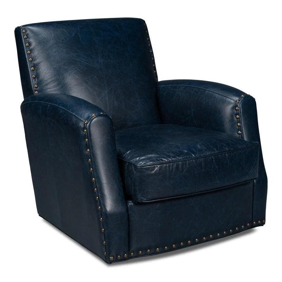 Taft Wood and Leather Blue Swivel Arm Chair - LOOMLAN - Sarreid - Club Chairs