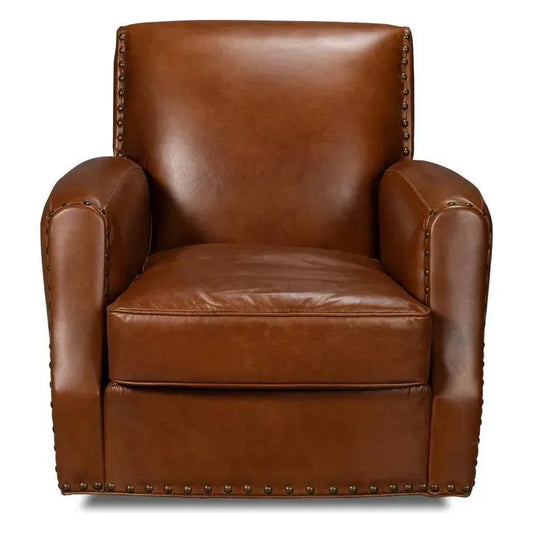 Taft Wood and Leather Brown Swivel Arm Chair - LOOMLAN - Sarreid - Club Chairs