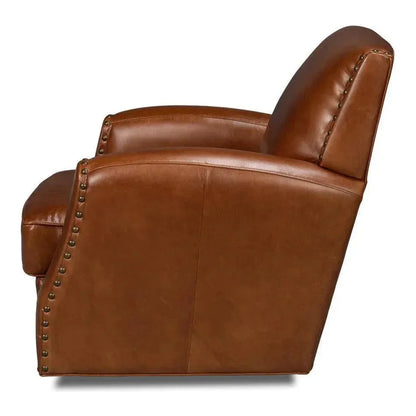 Taft Wood and Leather Brown Swivel Arm Chair - LOOMLAN - Sarreid - Club Chairs