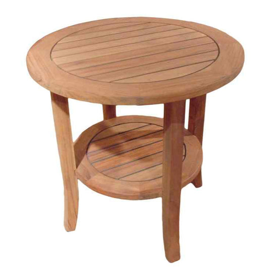 Teak Round Tapered Leg Outdoor End Table with Shelf