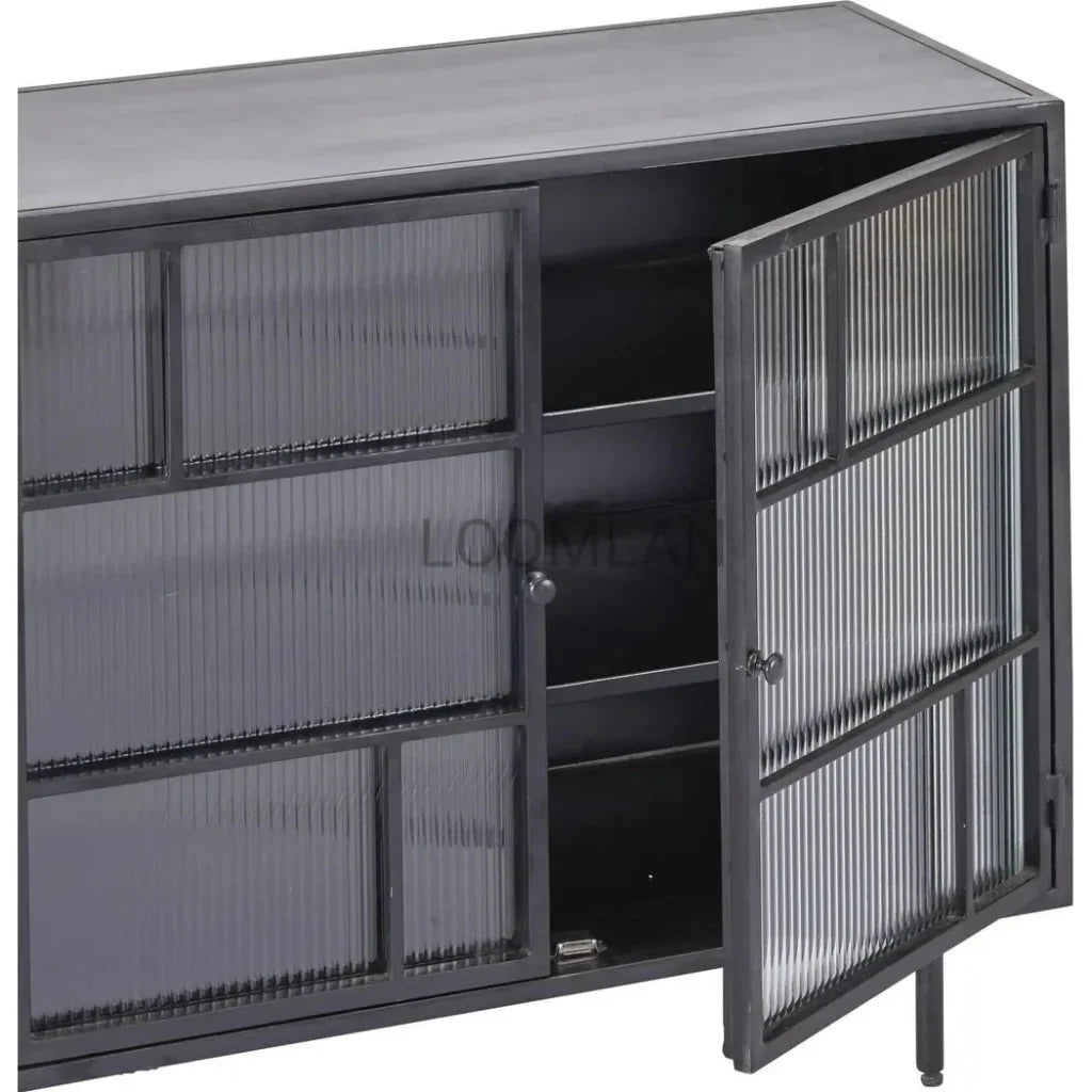 Retro 3 Drawer Windowpane Glass Doors Metal Buffet - LOOMLAN - LOOMLAN - Sideboards
