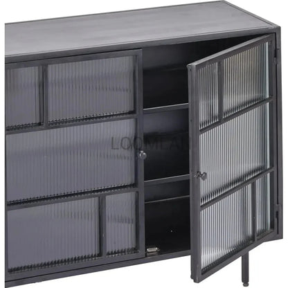 Retro 3 Drawer Windowpane Glass Doors Metal Buffet - LOOMLAN - LOOMLAN - Sideboards