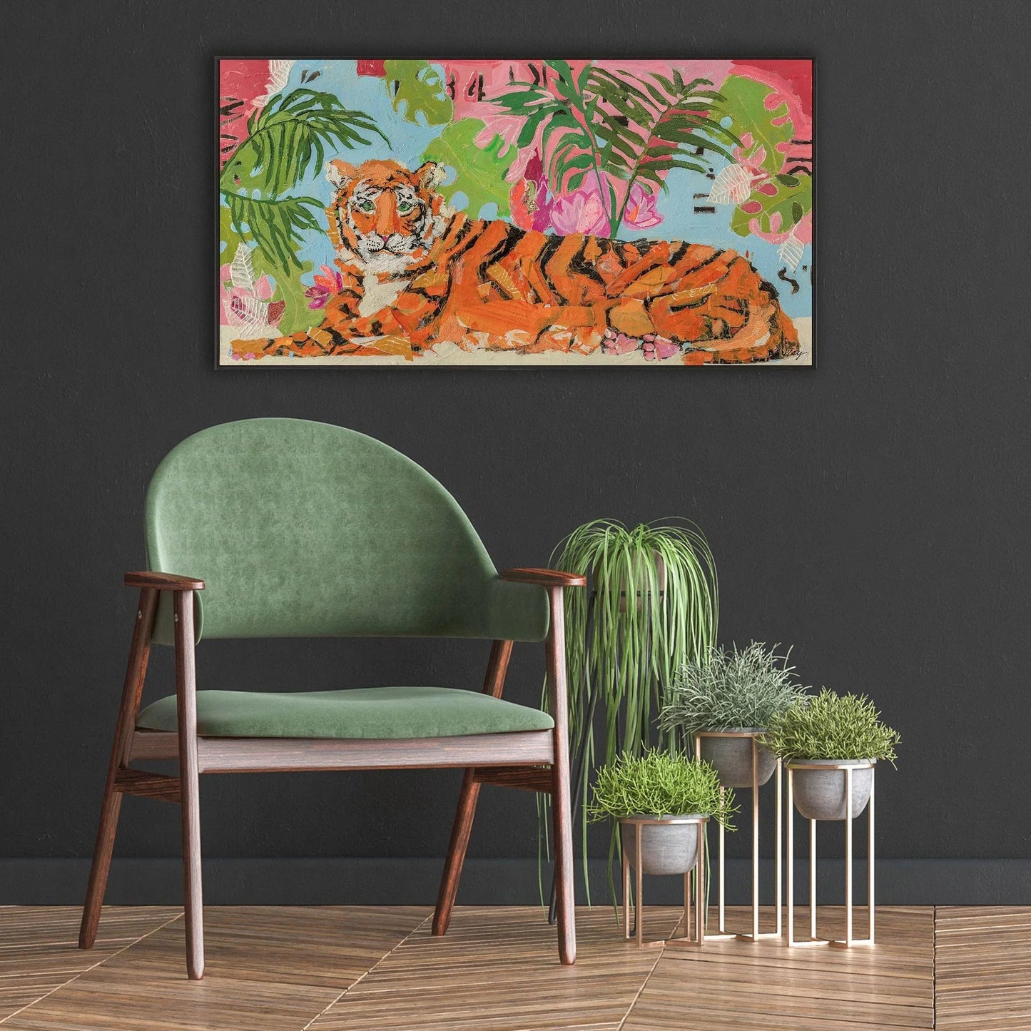 Tiger at Rest Wood Orange Framed Wall Art