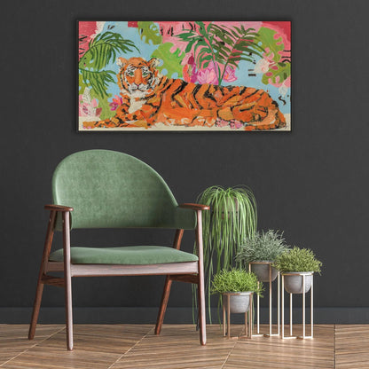 Tiger at Rest Wood Orange Framed Wall Art