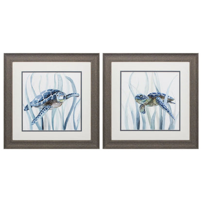 Turtle in Grass Blue Framed Wall Art 2PC