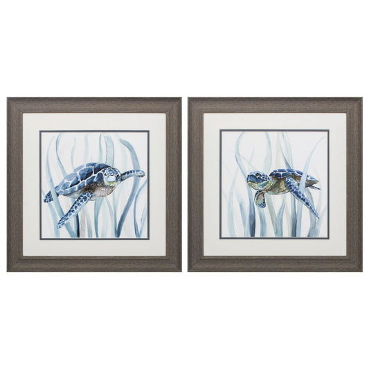 Turtle in Grass Blue Framed Wall Art 2PC
