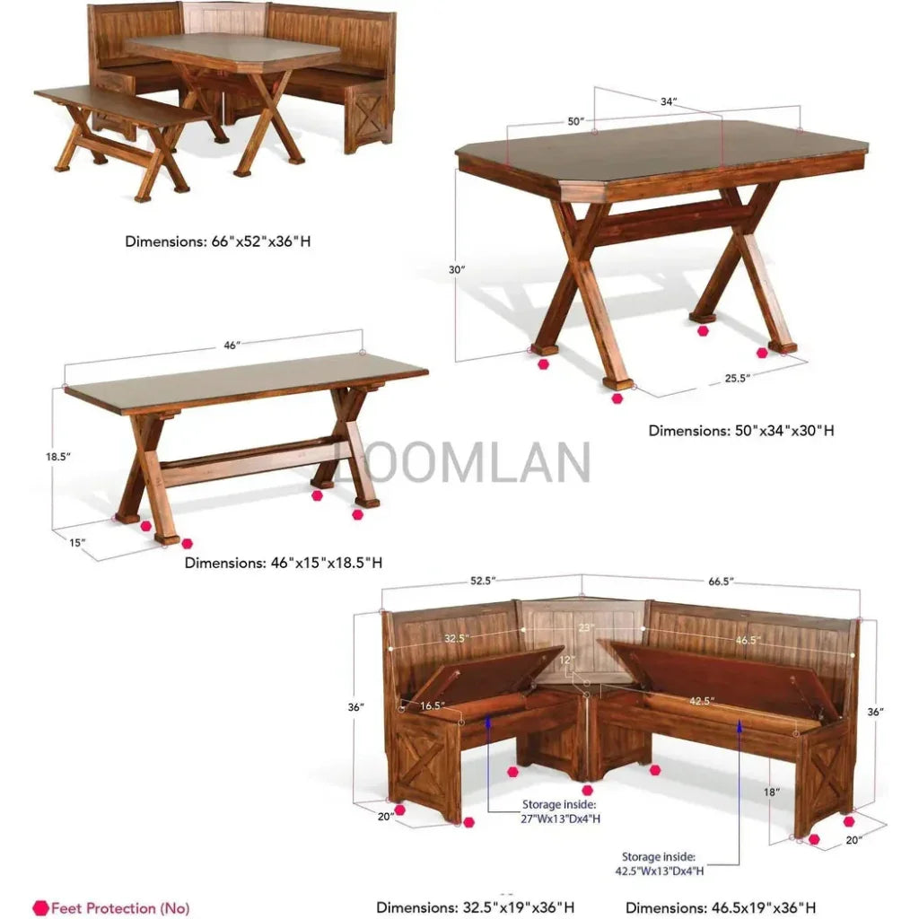 Tuscany Wooden Breakfast Nook Set With Storage Bench-Dining Table Sets-Sunny D-LOOMLAN