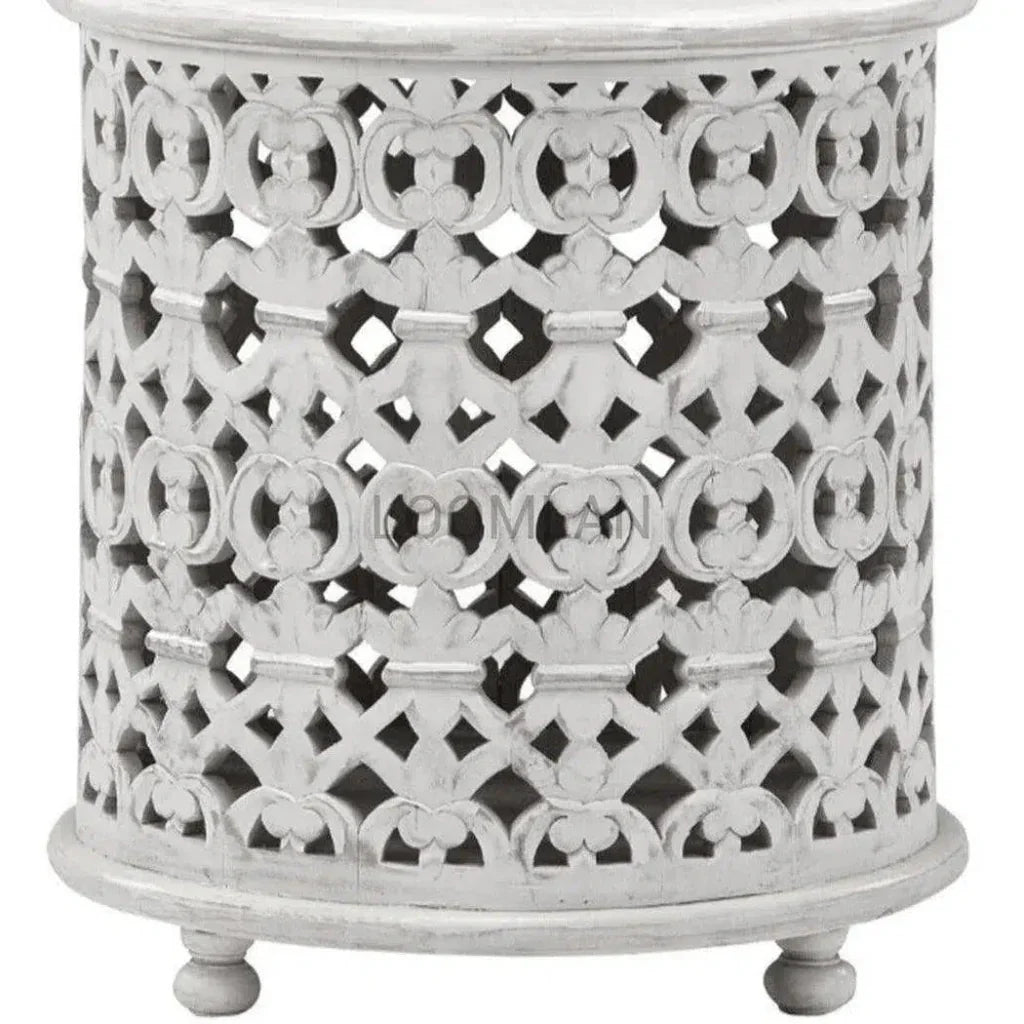 Round Drum Hand Carved White Accent Table - LOOMLAN - LOOMLAN - Side Tables