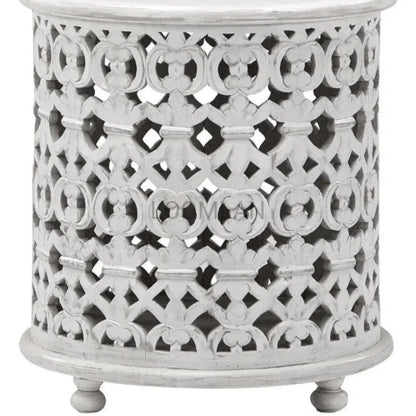 Round Drum Hand Carved White Accent Table - LOOMLAN - LOOMLAN - Side Tables