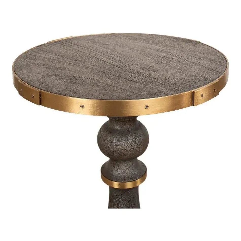 Upturned Goblet Round Side Table Brass & Oak - LOOMLAN - Sarreid - Side Tables