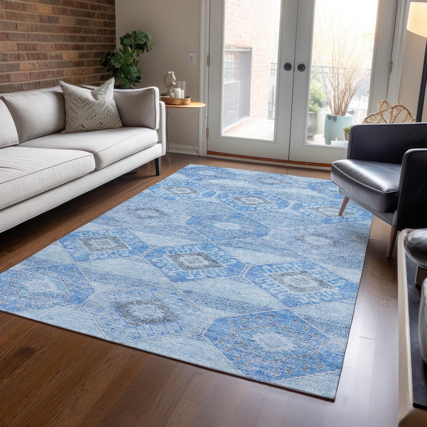 Uraain Blue Washable Indoor-Outdoor Rug