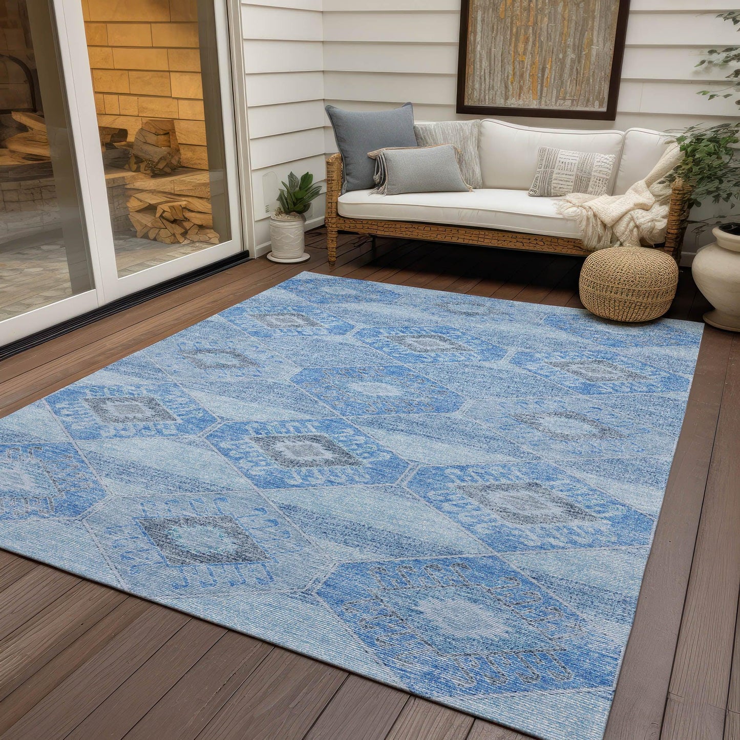 Uraain Blue Washable Indoor-Outdoor Rug