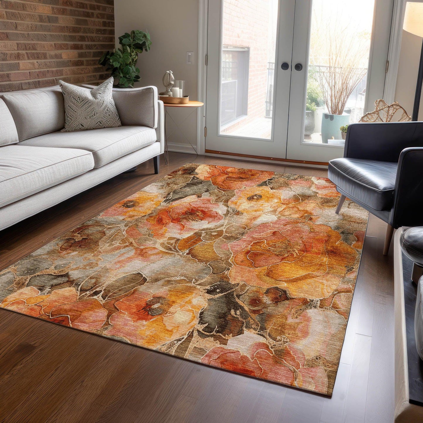Uraien Orange Washable Indoor-Outdoor Rug