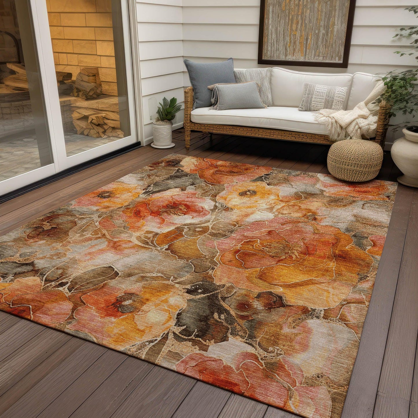 Uraien Orange Washable Indoor-Outdoor Rug
