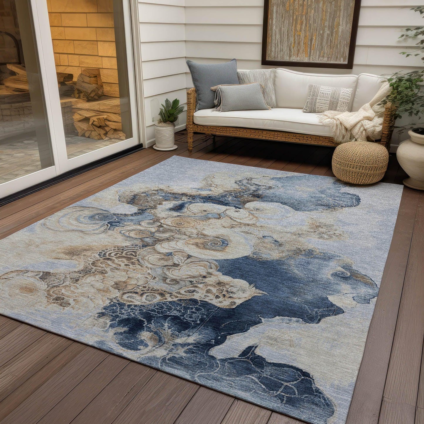Uraion Blue Washable Indoor-Outdoor Rug