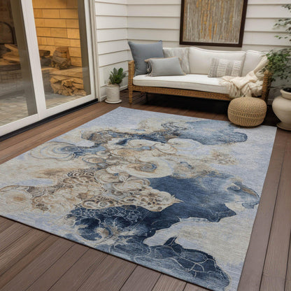 Uraion Blue Washable Indoor-Outdoor Rug