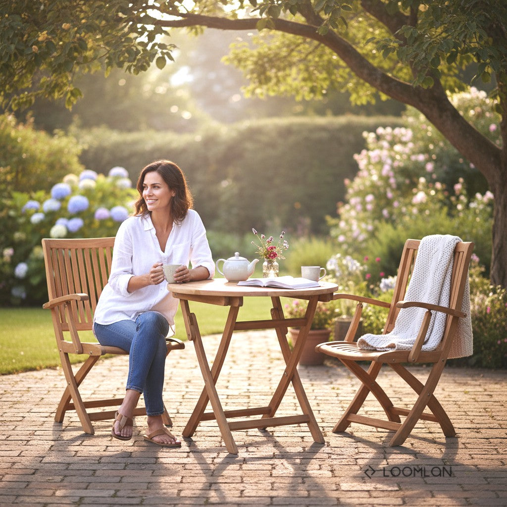Valencia Round Teak Outdoor Folding Table Umbrella Hole