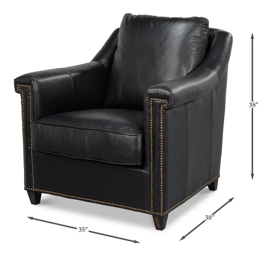 Vandike Onyx Black Leather Arm Chair - LOOMLAN - Sarreid - Club Chairs