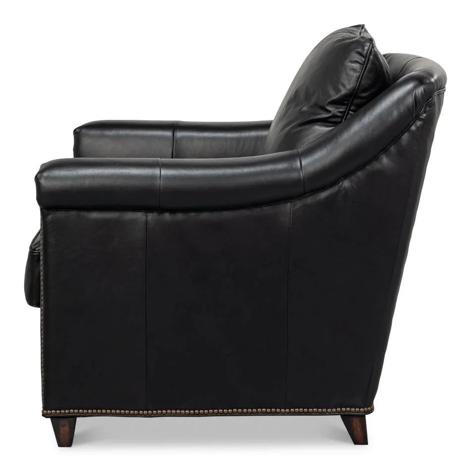 Vandike Onyx Black Leather Arm Chair - LOOMLAN - Sarreid - Club Chairs