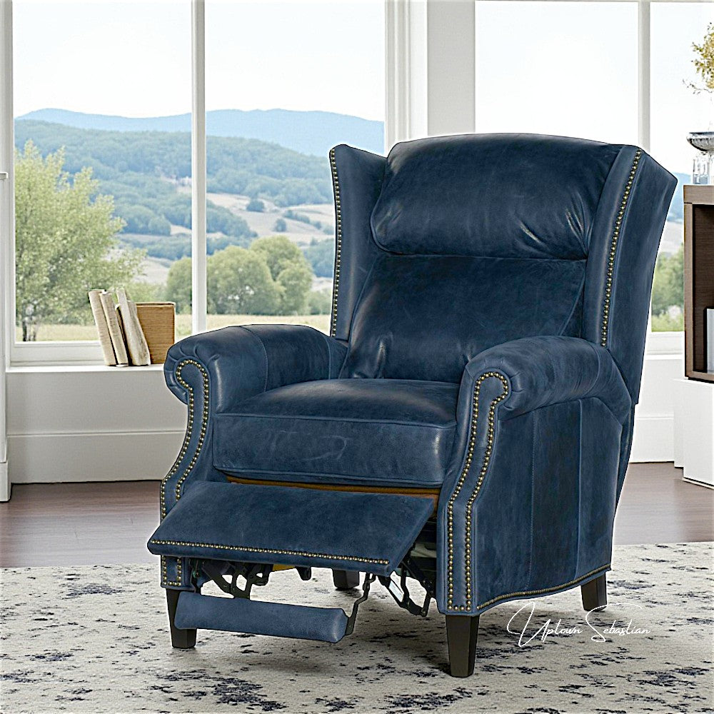Violin Navy Blue Genuine Leather Power Recliner