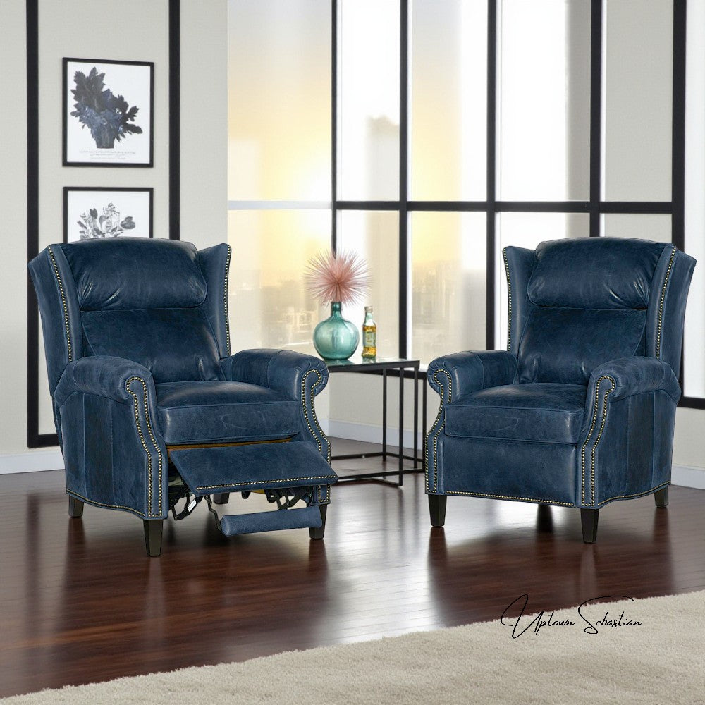 Violin Navy Blue Genuine Leather Power Recliner