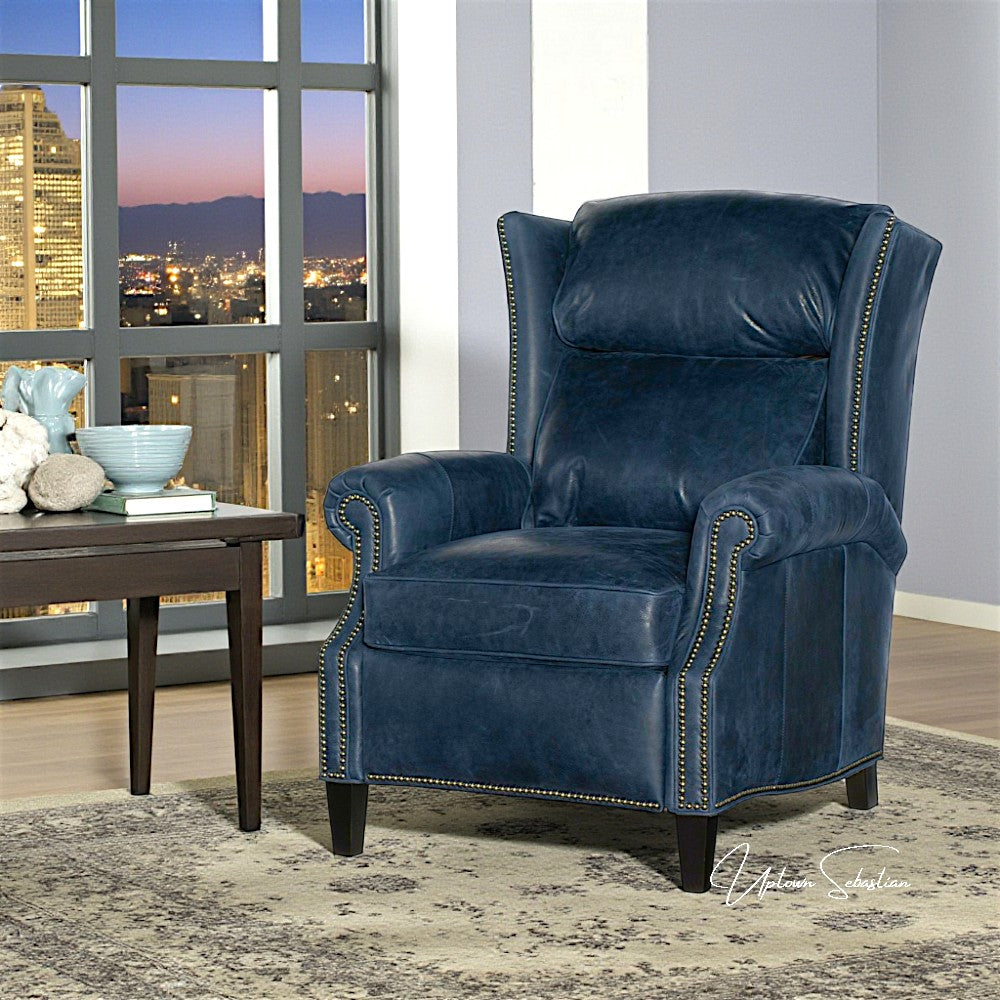 Violin Navy Blue Genuine Leather Power Recliner