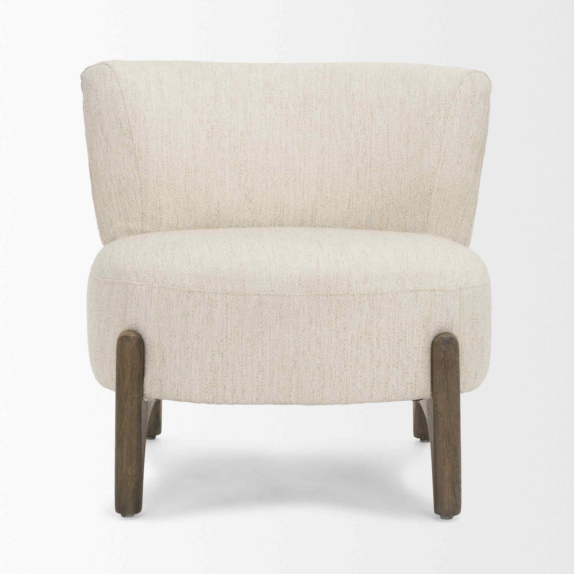 Beige armchair with wooden legs on a white background