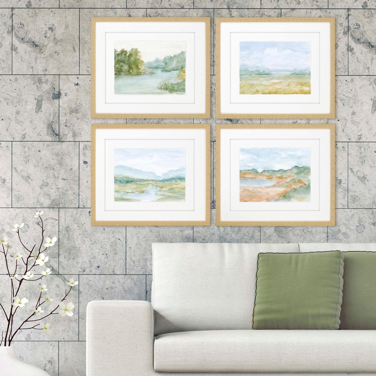 Watercolour Green Framed Wall Art 4PC