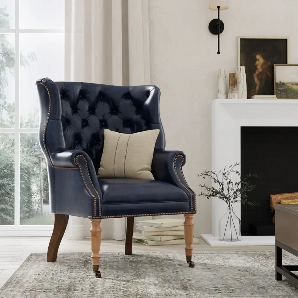 Welsh Blue Wing Back Leather Accent Chair - LOOMLAN - Sarreid - Accent Chairs