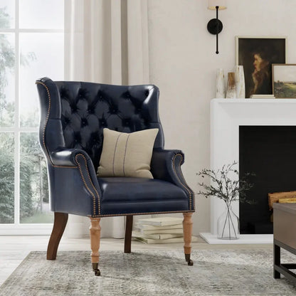 Welsh Blue Wing Back Leather Accent Chair - LOOMLAN - Sarreid - Accent Chairs