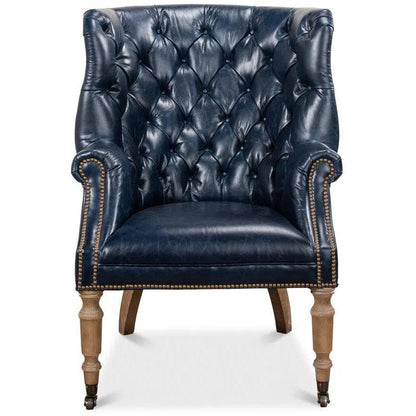 Welsh Blue Wing Back Leather Accent Chair - LOOMLAN - Sarreid - Accent Chairs