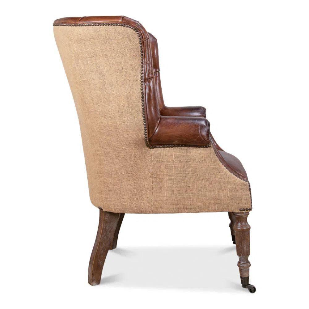 Welsh Leather & Jute Wing Back Accent Chair - LOOMLAN - Sarreid - Accent Chairs