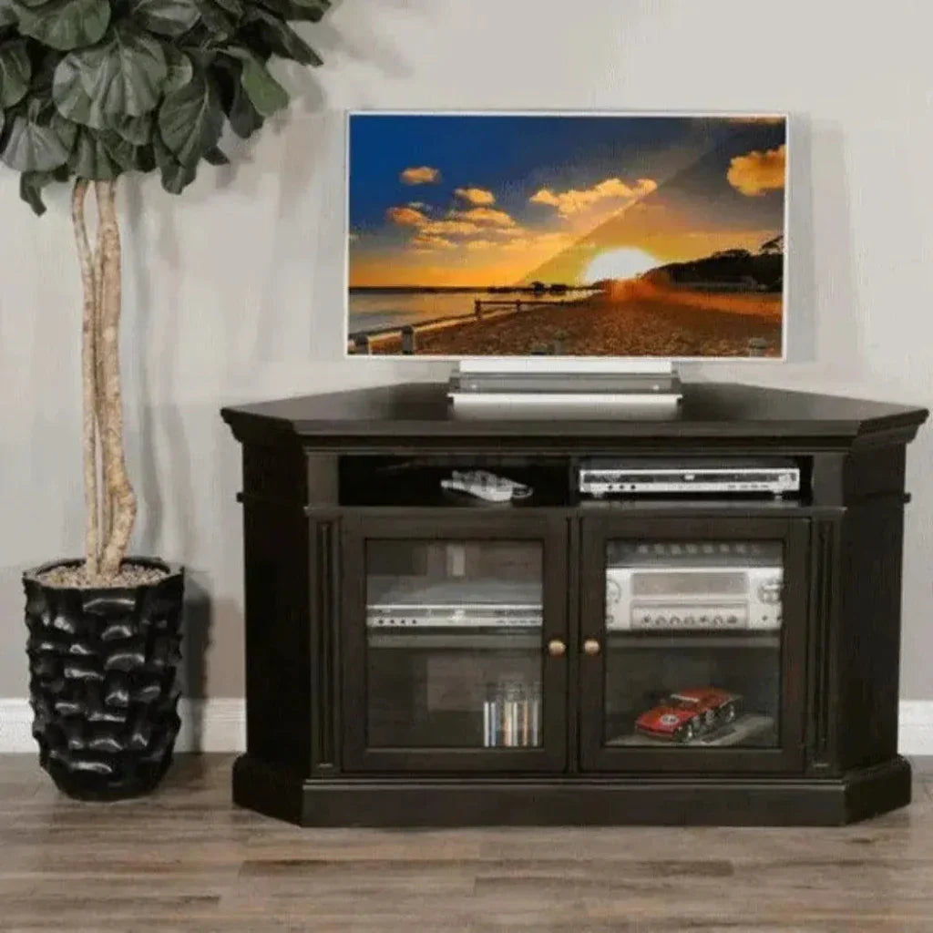 Wide Black Wood Corner TV Stand Glass Doors - LOOMLAN - Sunny D - TV Stands & Media Centers