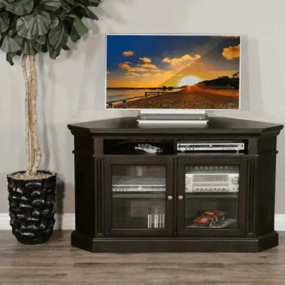Wide Black Wood Corner TV Stand Glass Doors - LOOMLAN - Sunny D - TV Stands & Media Centers