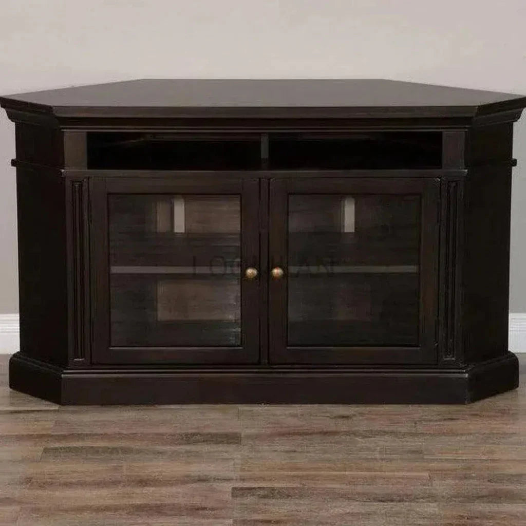 Wide Black Wood Corner TV Stand Glass Doors - LOOMLAN - Sunny D - TV Stands & Media Centers