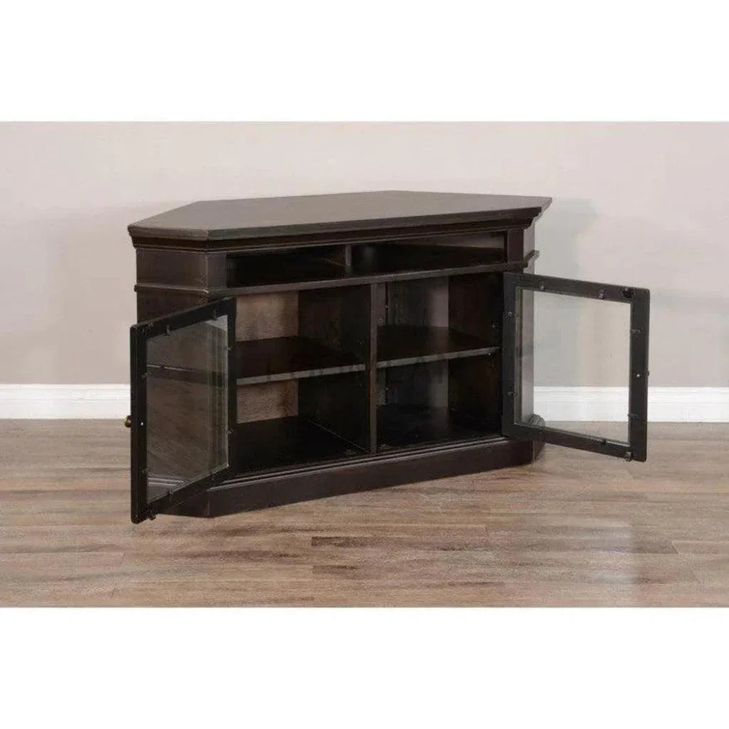 Wide Black Wood Corner TV Stand Glass Doors - LOOMLAN - Sunny D - TV Stands & Media Centers