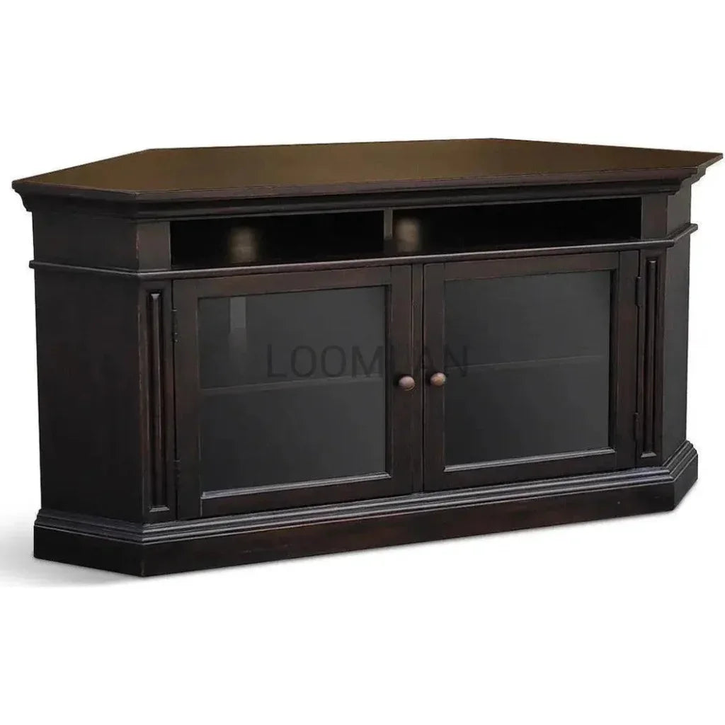 Wide Black Wood Corner TV Stand Glass Doors - LOOMLAN - Sunny D - TV Stands & Media Centers