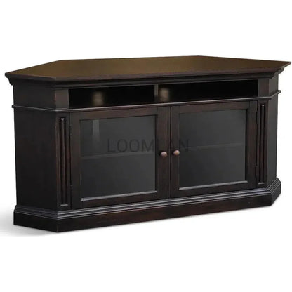 Wide Black Wood Corner TV Stand Glass Doors - LOOMLAN - Sunny D - TV Stands & Media Centers