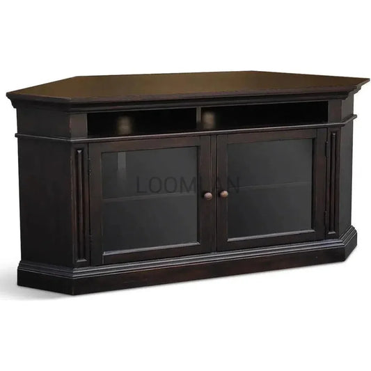 Wide Black Wood Corner TV Stand Glass Doors - LOOMLAN - Sunny D - TV Stands & Media Centers