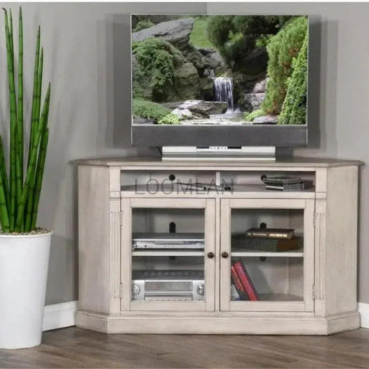 Wide Off White Wood Corner TV Stand Glass Doors - LOOMLAN - Sunny D - TV Stands & Media Centers