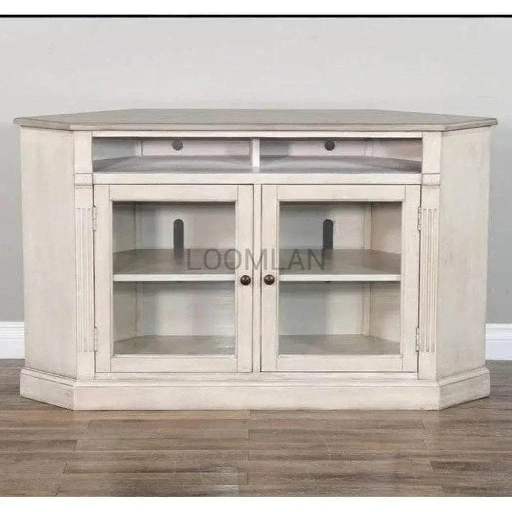 Wide Off White Wood Corner TV Stand Glass Doors - LOOMLAN - Sunny D - TV Stands & Media Centers