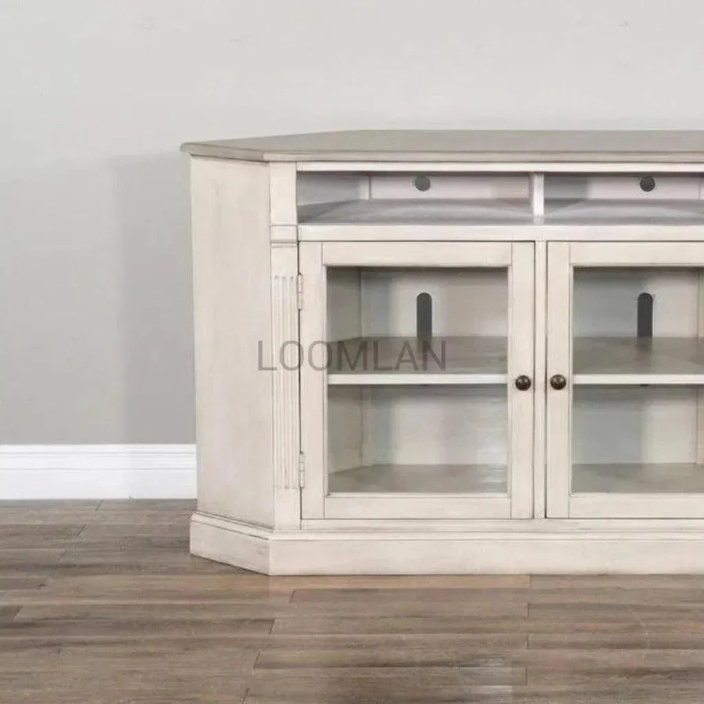Wide Off White Wood Corner TV Stand Glass Doors - LOOMLAN - Sunny D - TV Stands & Media Centers