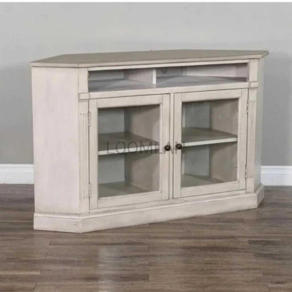 Wide Off White Wood Corner TV Stand Glass Doors - LOOMLAN - Sunny D - TV Stands & Media Centers