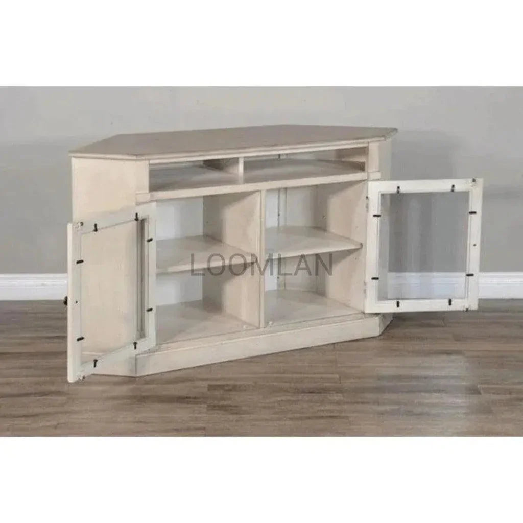 Wide Off White Wood Corner TV Stand Glass Doors - LOOMLAN - Sunny D - TV Stands & Media Centers