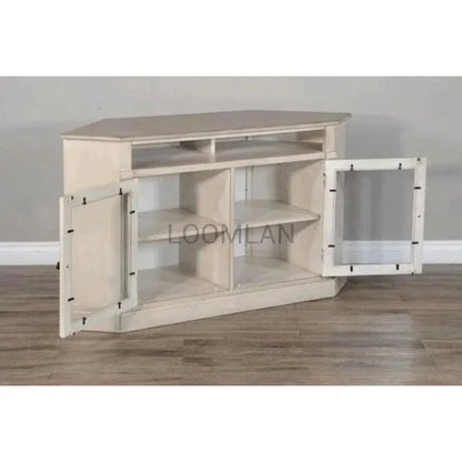 Wide Off White Wood Corner TV Stand Glass Doors - LOOMLAN - Sunny D - TV Stands & Media Centers