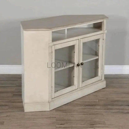 Wide Off White Wood Corner TV Stand Glass Doors - LOOMLAN - Sunny D - TV Stands & Media Centers