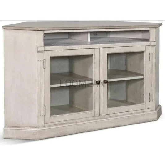 Wide Off White Wood Corner TV Stand Glass Doors - LOOMLAN - Sunny D - TV Stands & Media Centers